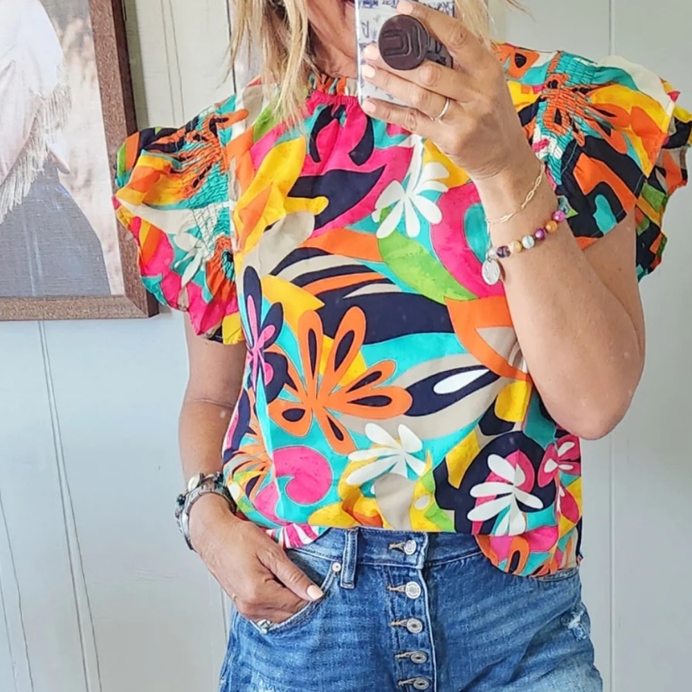 51 Floral Print Ruffle Short Sleeve Top